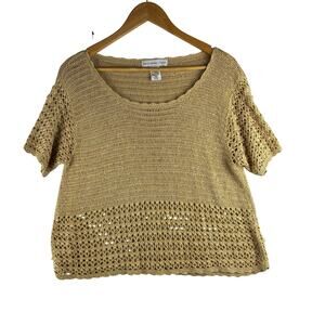 Ballinger Gold Crochet Knit Top Women's Large Boho Transitional Linen Rayon Flax
